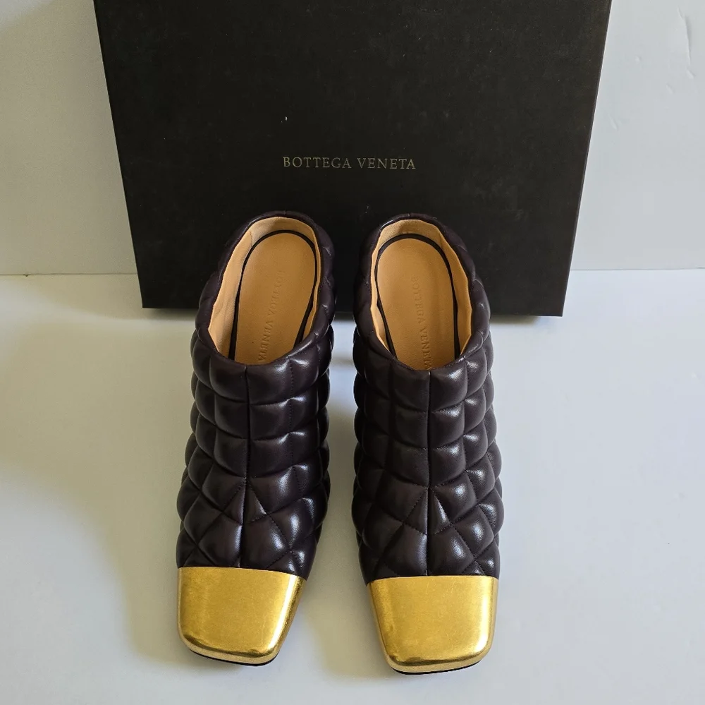 Bottega Veneta Quilted Leather Metallic Toe High Heel Mules Size 39 Wine… - Picture 3 of 15